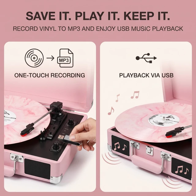 Alt view image 5 of 7 - Pink Record Player with Speakers, Bluetooth, 3-Speed Turntable USB recording, AUX input, RCA output, headphone jack, auto stop, pink suitcase design for bedrooms, dorms and gifts