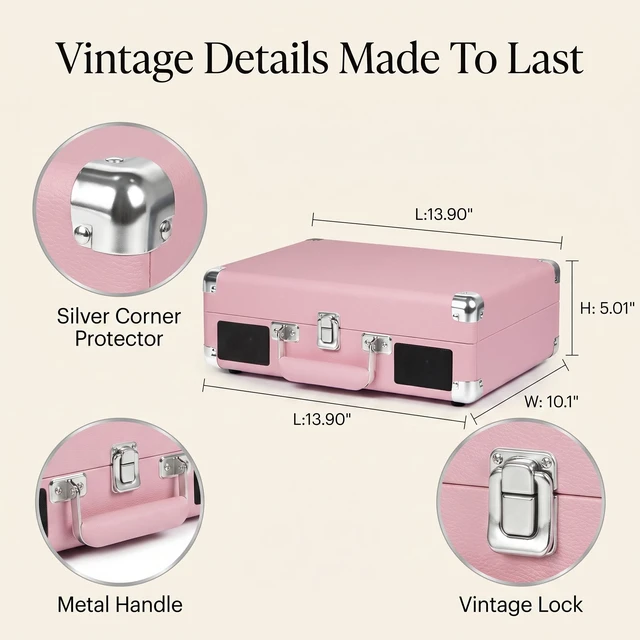 Alt view image 6 of 7 - Pink Record Player with Speakers, Bluetooth, 3-Speed Turntable USB recording, AUX input, RCA output, headphone jack, auto stop, pink suitcase design for bedrooms, dorms and gifts
