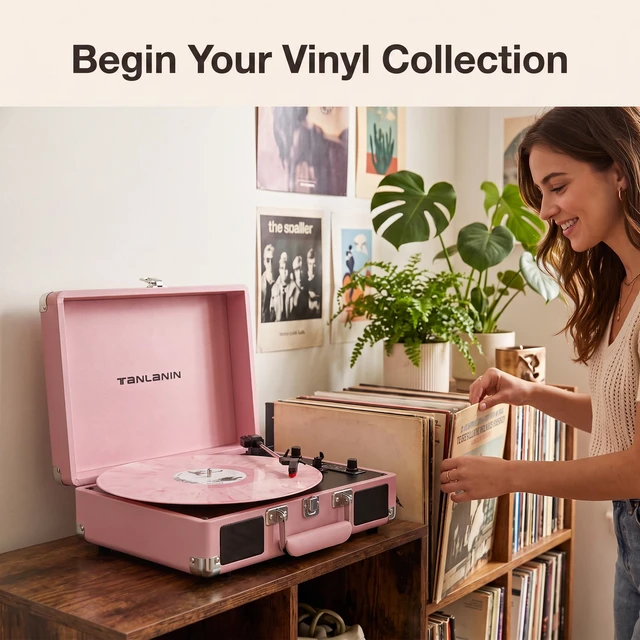 Alt view image 4 of 7 - Pink Record Player with Speakers, Bluetooth, 3-Speed Turntable USB recording, AUX input, RCA output, headphone jack, auto stop, pink suitcase design for bedrooms, dorms and gifts