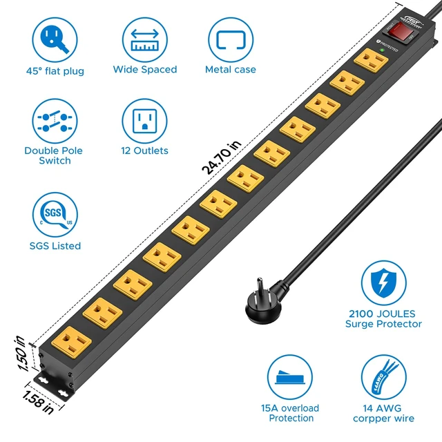 Alt view image 2 of 7 - 12-Outlet Heavy Duty Long Power Strip, 2100J Surge Protector,Flat Plug Mountable Metal Power Bar with 15A Circuit Breaker, 6FT 14AWG Extension Cord for Garage, Workshop, School, Under Desk
