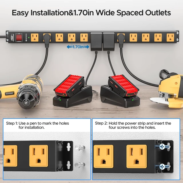 Alt view image 4 of 7 - 12-Outlet Heavy Duty Long Power Strip, 2100J Surge Protector,Flat Plug Mountable Metal Power Bar with 15A Circuit Breaker, 6FT 14AWG Extension Cord for Garage, Workshop, School, Under Desk