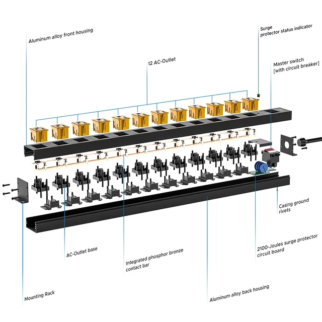 Alt view image 6 of 7 - 12-Outlet Heavy Duty Long Power Strip, 2100J Surge Protector,Flat Plug Mountable Metal Power Bar with 15A Circuit Breaker, 6FT 14AWG Extension Cord for Garage, Workshop, School, Under Desk
