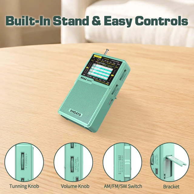 Alt view image 7 of 7 - D228 Portable NOAA Weather Radio, AM FM SW, USB-C/AA Power, Green Easy-Read Large Tuning Dial, Built-In Flashlight Rear Stand & 3.5mm Headphone Jack for Home, Travel or Emergency