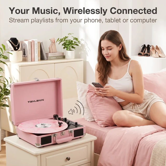 Alt view image 7 of 7 - Pink Record Player with Speakers, Bluetooth, 3-Speed Turntable USB recording, AUX input, RCA output, headphone jack, auto stop, pink suitcase design for bedrooms, dorms and gifts
