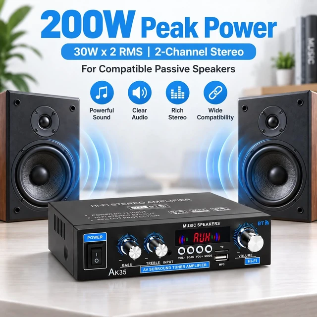 Alt view image 2 of 7 - AK35 Bluetooth Amplifier, 200W Peak 2 Channel Mini Stereo Receiver for Passive Speakers, Home Audio Amplifier with Bass & Treble Control, USB, TF/microSD Card,AUX Input & Remote Control