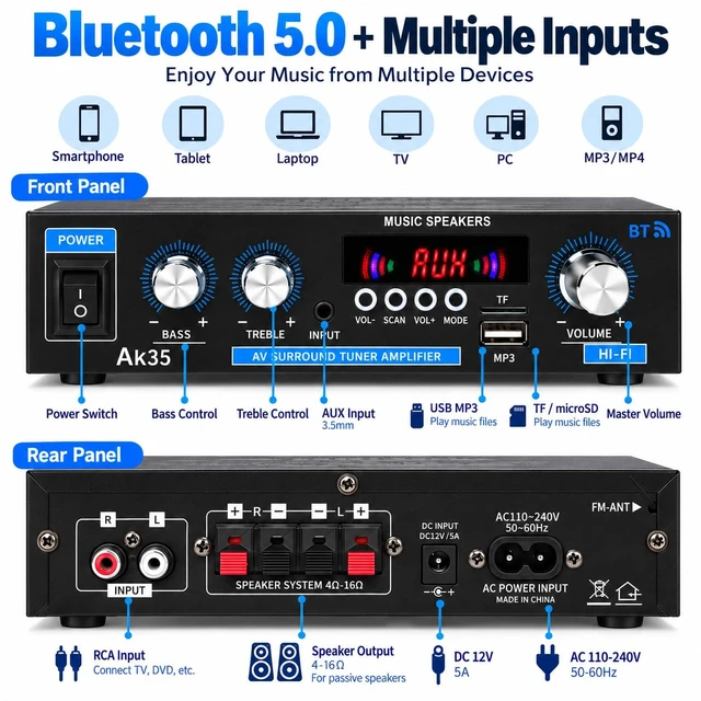 Alt view image 3 of 7 - AK35 Bluetooth Amplifier, 200W Peak 2 Channel Mini Stereo Receiver for Passive Speakers, Home Audio Amplifier with Bass & Treble Control, USB, TF/microSD Card,AUX Input & Remote Control