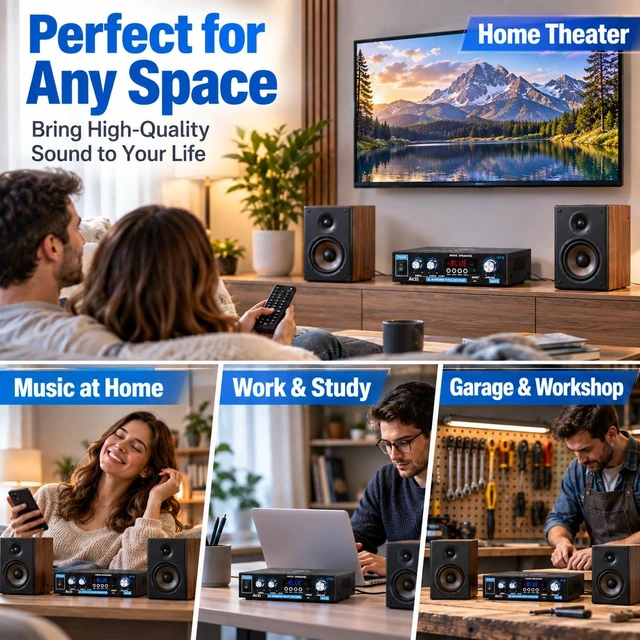 Alt view image 5 of 7 - AK35 Bluetooth Amplifier, 200W Peak 2 Channel Mini Stereo Receiver for Passive Speakers, Home Audio Amplifier with Bass & Treble Control, USB, TF/microSD Card,AUX Input & Remote Control