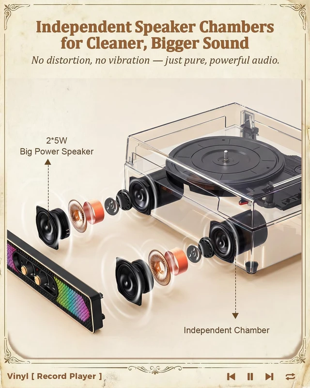 Alt view image 2 of 7 - Vinyl Record Player with Speakers, RGB Lights, Bass/Treble, Brown Compact 3-speed belt drive vintage turntable with Bluetooth input, auto stop, RCA/AUX/headphone jack, retro home décor gift