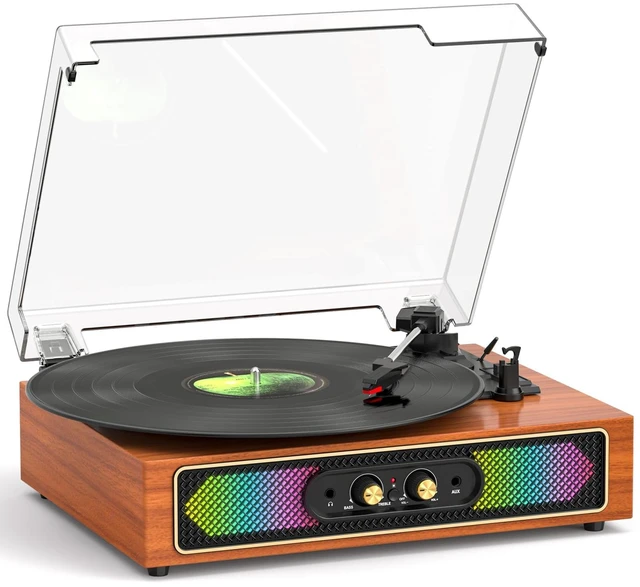 Main image of Vinyl Record Player with Speakers, RGB Lights, Bass/Treble, Brown Compact 3-speed belt drive vintage turntable with Bluetooth input, auto stop, RCA/AUX/headphone jack, retro home décor gift