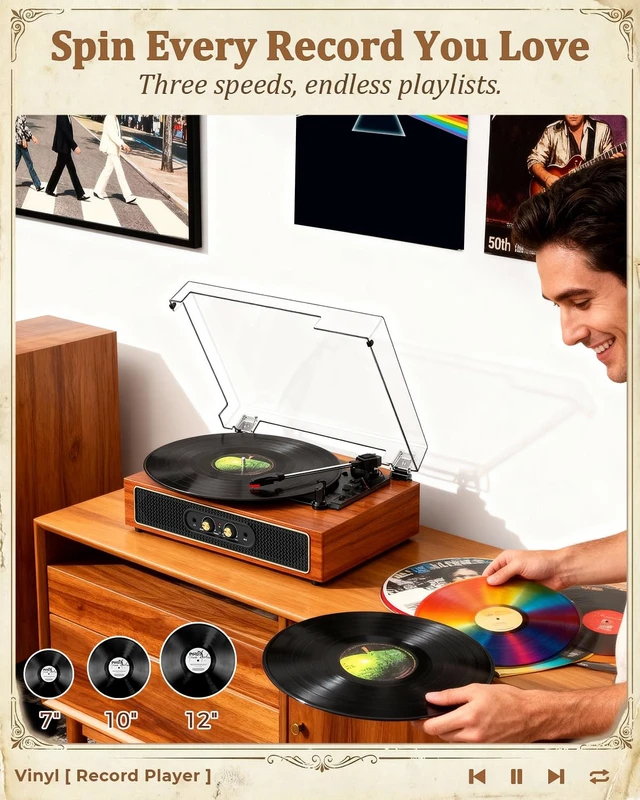 Alt view image 4 of 7 - Vinyl Record Player with Speakers, RGB Lights, Bass/Treble, Brown Compact 3-speed belt drive vintage turntable with Bluetooth input, auto stop, RCA/AUX/headphone jack, retro home décor gift