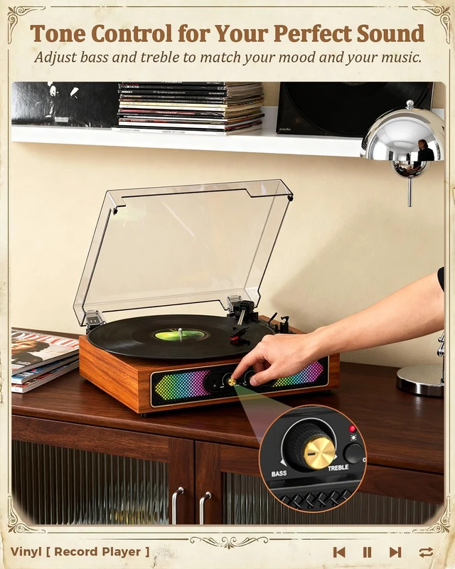 Alt view image 3 of 7 - Vinyl Record Player with Speakers, RGB Lights, Bass/Treble, Brown Compact 3-speed belt drive vintage turntable with Bluetooth input, auto stop, RCA/AUX/headphone jack, retro home décor gift
