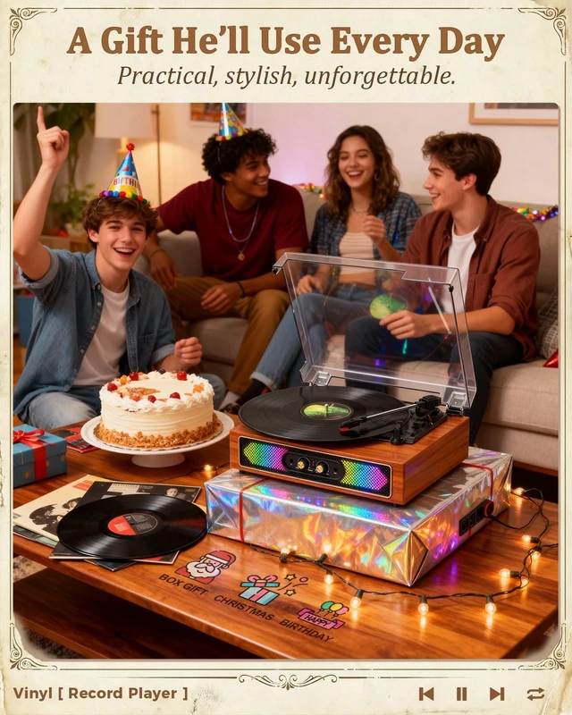Alt view image 5 of 7 - Vinyl Record Player with Speakers, RGB Lights, Bass/Treble, Brown Compact 3-speed belt drive vintage turntable with Bluetooth input, auto stop, RCA/AUX/headphone jack, retro home décor gift