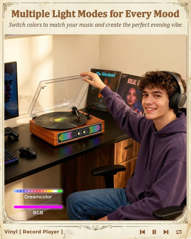 Alt view image 6 of 7 - Vinyl Record Player with Speakers, RGB Lights, Bass/Treble, Brown Compact 3-speed belt drive vintage turntable with Bluetooth input, auto stop, RCA/AUX/headphone jack, retro home décor gift