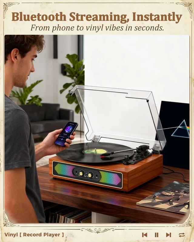 Alt view image 7 of 7 - Vinyl Record Player with Speakers, RGB Lights, Bass/Treble, Brown Compact 3-speed belt drive vintage turntable with Bluetooth input, auto stop, RCA/AUX/headphone jack, retro home décor gift