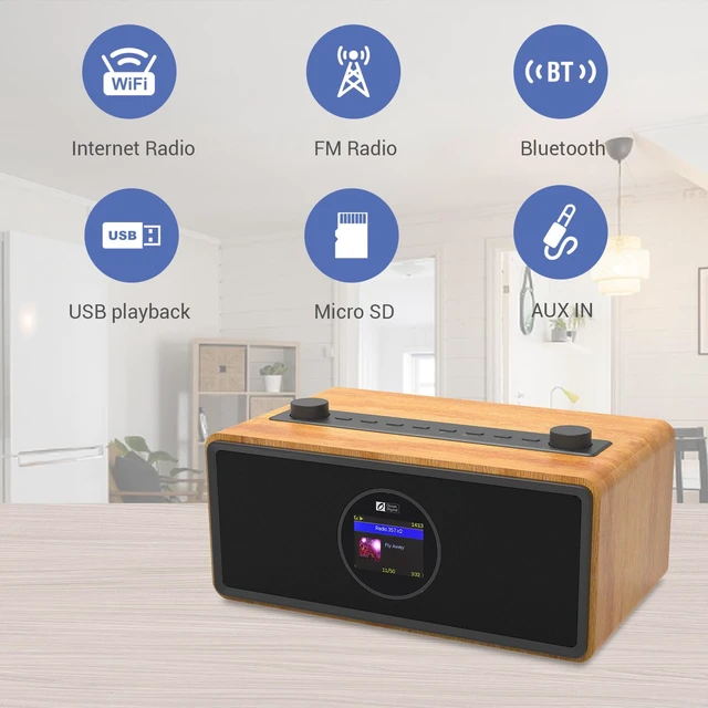 Alt view image 4 of 7 - Ocean Digital WR-860 FM Wi-Fi Internet Radio with Stereo Speakers, Alarm Clock, Sleep Timer, Line Out, Aux in, Stress Relief, Relaxation and Sleep Aid, 2.4" Color Display