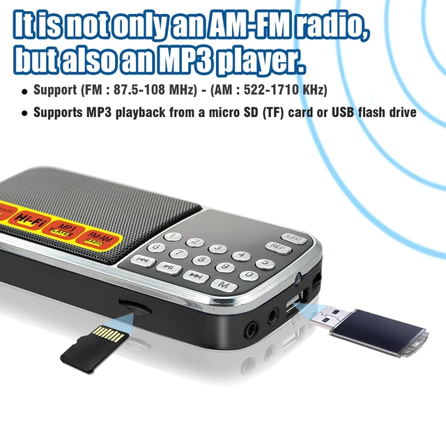Alt view image 2 of 7 - B03 Small Radios Portable AM FM,Micro SD/TF Card Slot and USB Slot Mini Radio Walkman Audiobook Audio MP3 Player,Large Capacity Rechargeable Battery Powered,Digital Buttons,Sound Quality