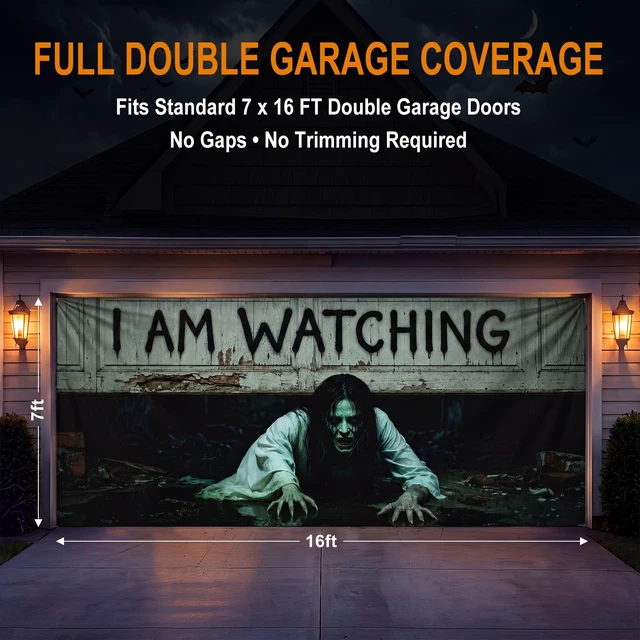 Alt view image 3 of 7 - 16 x 7 ft Halloween Garage Door Cover, Female Ghost Halloween Garage Door Banner Decorations, Ghost Large Garage Door Hanging Backdrop, I Am Watching, for Outdoor Home Yard Wall