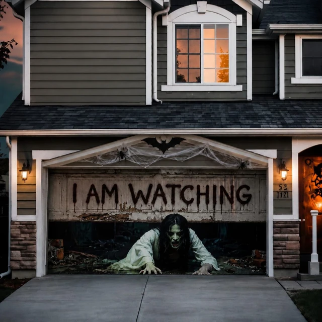 Alt view image 5 of 7 - 16 x 7 ft Halloween Garage Door Cover, Female Ghost Halloween Garage Door Banner Decorations, Ghost Large Garage Door Hanging Backdrop, I Am Watching, for Outdoor Home Yard Wall