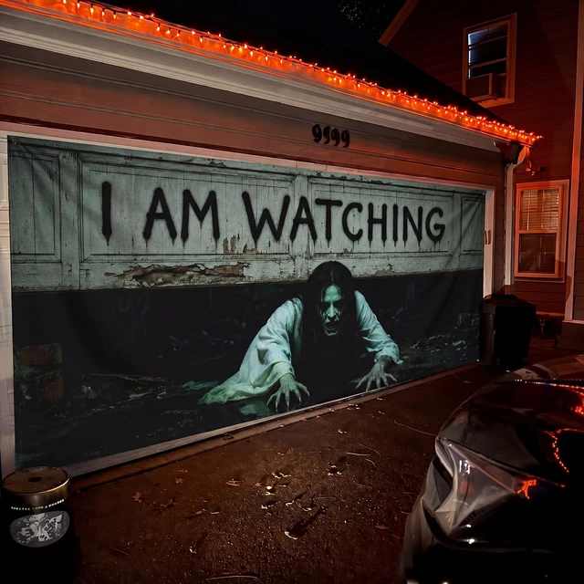 Alt view image 6 of 7 - 16 x 7 ft Halloween Garage Door Cover, Female Ghost Halloween Garage Door Banner Decorations, Ghost Large Garage Door Hanging Backdrop, I Am Watching, for Outdoor Home Yard Wall