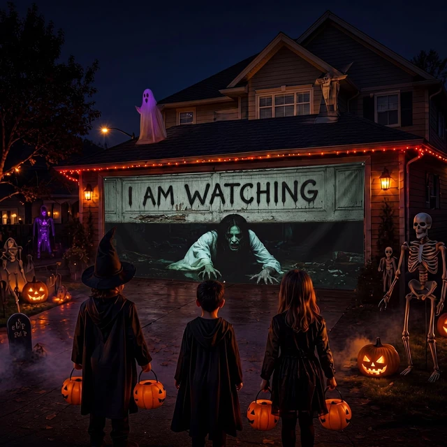 Alt view image 7 of 7 - 16 x 7 ft Halloween Garage Door Cover, Female Ghost Halloween Garage Door Banner Decorations, Ghost Large Garage Door Hanging Backdrop, I Am Watching, for Outdoor Home Yard Wall