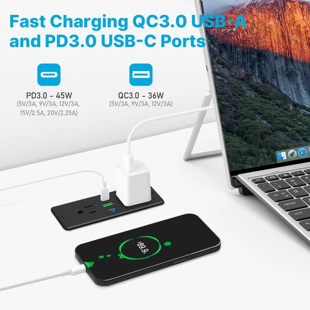 Alt view image 3 of 7 - Recessed Power Strip with Outlet and 45W USB C Ports, Furniture Flush Mount Power Strip, Small Desk Hidden Outlet for Conference Table, Nightstand, Black, 6FT