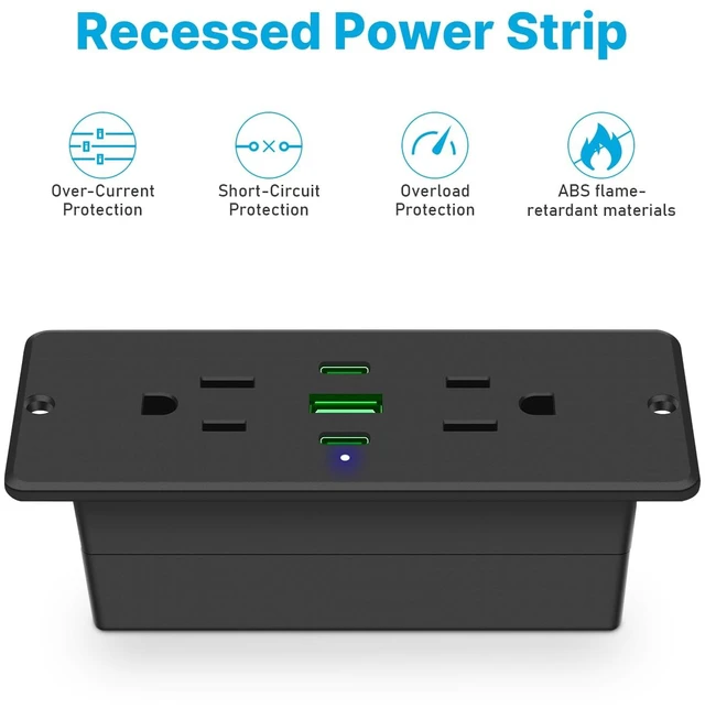 Alt view image 7 of 7 - Recessed Power Strip with Outlet and 45W USB C Ports, Furniture Flush Mount Power Strip, Small Desk Hidden Outlet for Conference Table, Nightstand, Black, 6FT