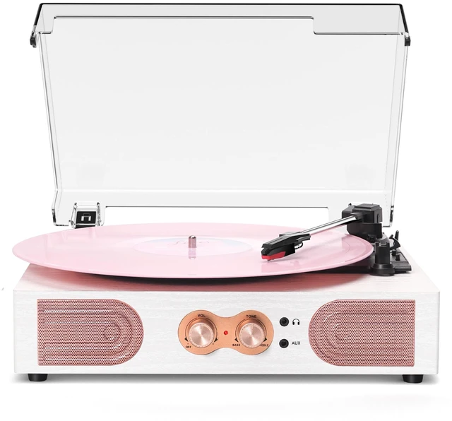 Main image of Vinyl Record Player with Speakers, Tone Control Turntable, White& Rose Gold Vintage 3-Speed Belt-Drive Turntable, Treble & Bass Control, RCA-Out/AUX-in, 3.5mm Headphone Jack