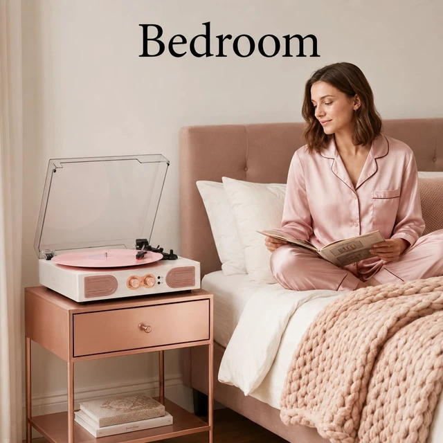 Alt view image 2 of 7 - Vinyl Record Player with Speakers, Tone Control Turntable, White& Rose Gold Vintage 3-Speed Belt-Drive Turntable, Treble & Bass Control, RCA-Out/AUX-in, 3.5mm Headphone Jack