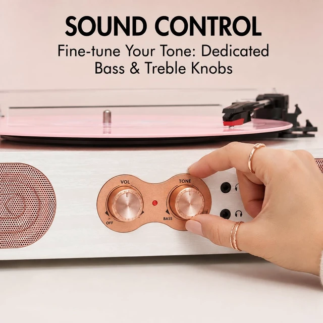 Alt view image 5 of 7 - Vinyl Record Player with Speakers, Tone Control Turntable, White& Rose Gold Vintage 3-Speed Belt-Drive Turntable, Treble & Bass Control, RCA-Out/AUX-in, 3.5mm Headphone Jack