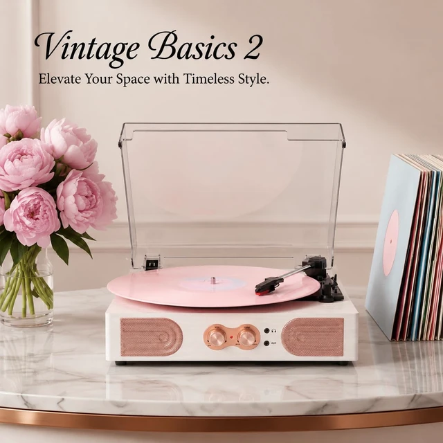 Alt view image 3 of 7 - Vinyl Record Player with Speakers, Tone Control Turntable, White& Rose Gold Vintage 3-Speed Belt-Drive Turntable, Treble & Bass Control, RCA-Out/AUX-in, 3.5mm Headphone Jack