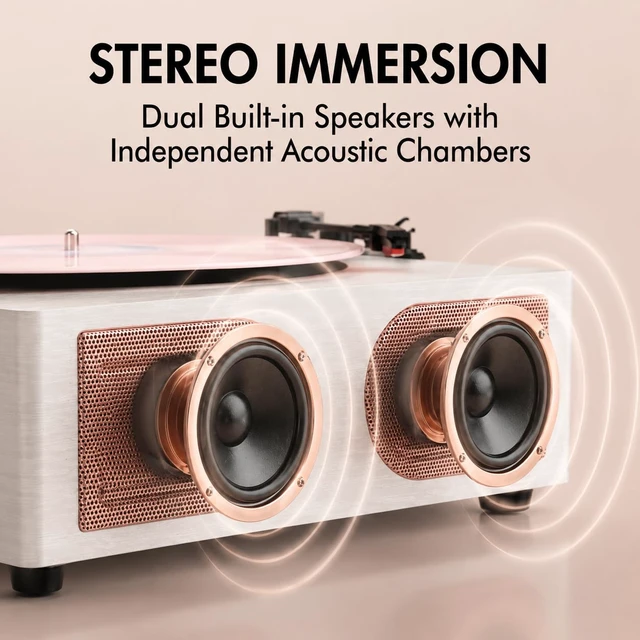 Alt view image 4 of 7 - Vinyl Record Player with Speakers, Tone Control Turntable, White& Rose Gold Vintage 3-Speed Belt-Drive Turntable, Treble & Bass Control, RCA-Out/AUX-in, 3.5mm Headphone Jack