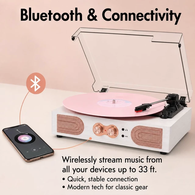 Alt view image 6 of 7 - Vinyl Record Player with Speakers, Tone Control Turntable, White& Rose Gold Vintage 3-Speed Belt-Drive Turntable, Treble & Bass Control, RCA-Out/AUX-in, 3.5mm Headphone Jack