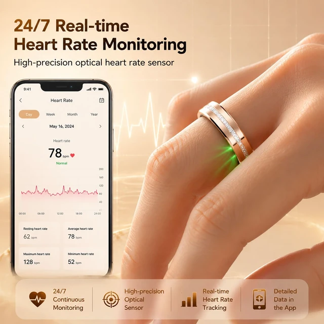 Alt view image 3 of 7 - Smart Fitness Ring for Women Diamond Ring Activity Tracker Heart Rate Monitor Sleep Tracker Smart Rings Pedometer Step Counter Calorie Counter Exercise Ladies Rings for Women