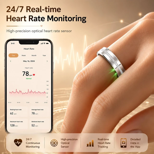 Alt view image 3 of 7 - Smart Fitness Ring for Women Diamond Ring Activity Tracker Heart Rate Monitor Sleep Tracker Smart Rings Pedometer Step Counter Calorie Counter Exercise Ladies Rings for Women
