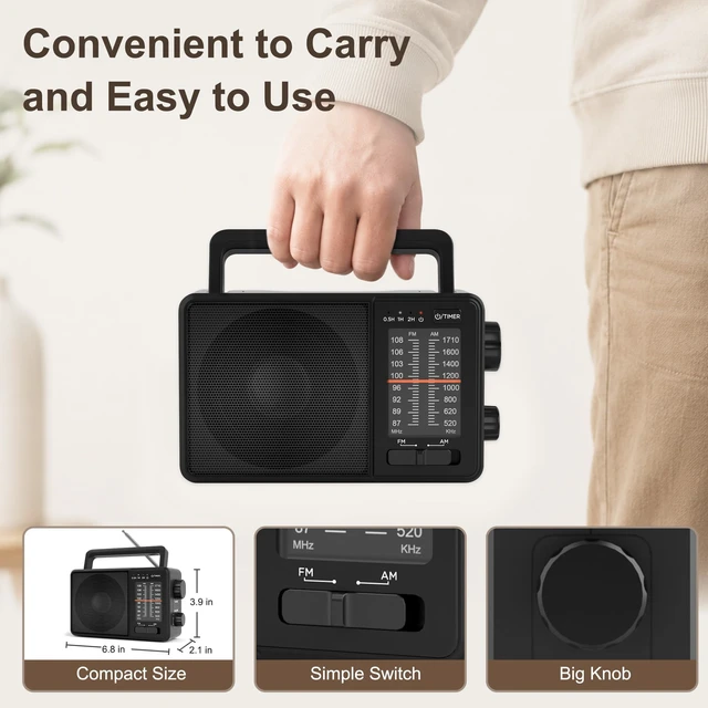 Alt view image 2 of 7 - Portable AM FM Radio with Sleep Timer, USB-C or Battery Operated for Home & Outdoor, Large Analog Dial Easy to Use, Strong Reception Clear Loud Sound, Transistor Antenna, Seniors Small Gifts