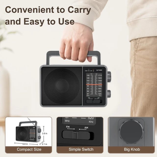 Alt view image 2 of 7 - Portable AM FM Radio with Sleep Timer, USB-C or Battery Operated for Home & Outdoor, Large Analog Dial Easy to Use, Strong Reception Clear Loud Sound, Transistor Antenna, Seniors Small Gifts