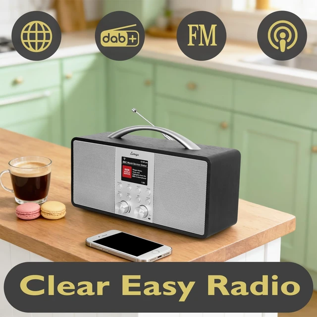 Alt view image 2 of 6 - IR6 Internet Radio, Podcasts, Bluetooth, FM, 150 Presets,Black Rechargeable battery, premium wooden cabinet, aluminium handle, alarm clock, AUX-in, headphone jack, snooze, sleep timer