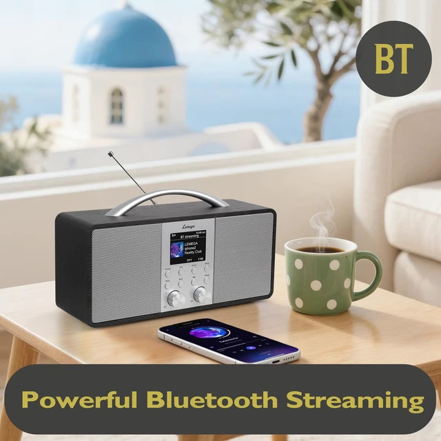 Alt view image 4 of 6 - IR6 Internet Radio, Podcasts, Bluetooth, FM, 150 Presets,Black Rechargeable battery, premium wooden cabinet, aluminium handle, alarm clock, AUX-in, headphone jack, snooze, sleep timer