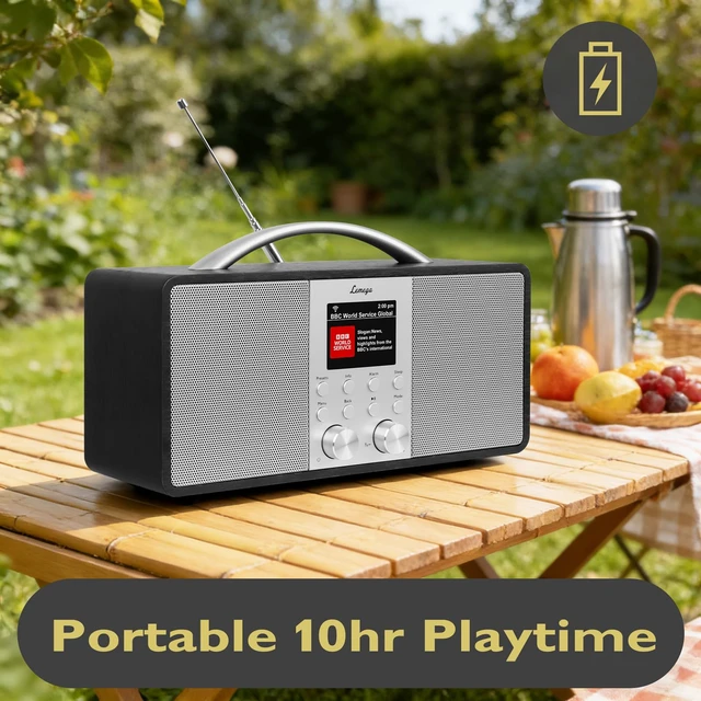 Alt view image 5 of 6 - IR6 Internet Radio, Podcasts, Bluetooth, FM, 150 Presets,Black Rechargeable battery, premium wooden cabinet, aluminium handle, alarm clock, AUX-in, headphone jack, snooze, sleep timer