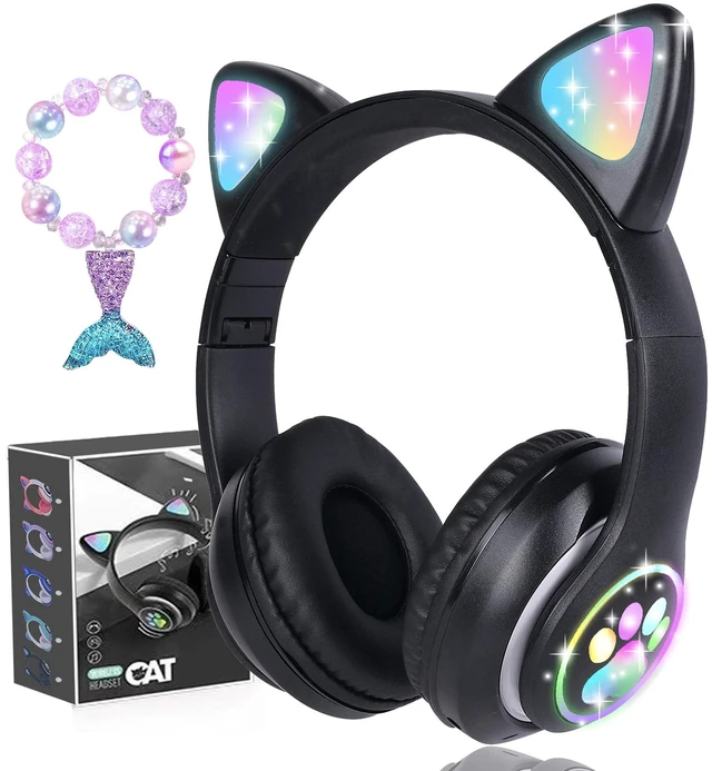 Main image of Wireless Kids Headphones for Boys Girls, Cat Ear LED Light Up Bluetooth Headphones with Microphone for School/Travel/Sports/Gaming/Gifts/Christmas (Black)