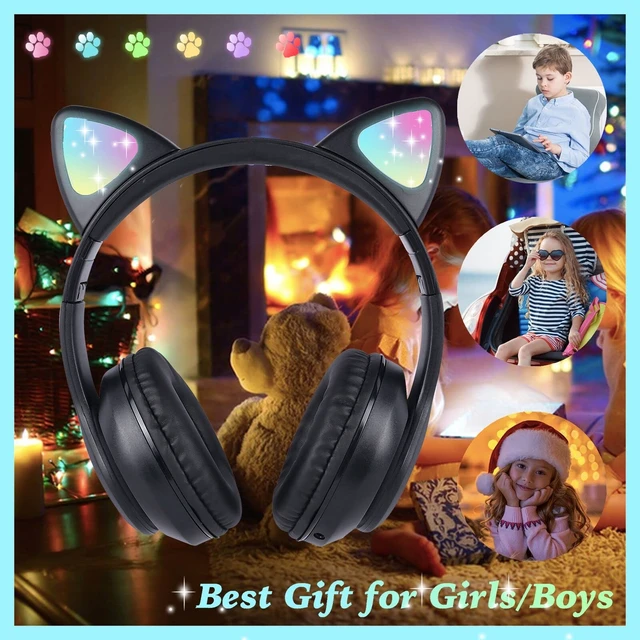 Alt view image 3 of 5 - Wireless Kids Headphones for Boys Girls, Cat Ear LED Light Up Bluetooth Headphones with Microphone for School/Travel/Sports/Gaming/Gifts/Christmas (Black)