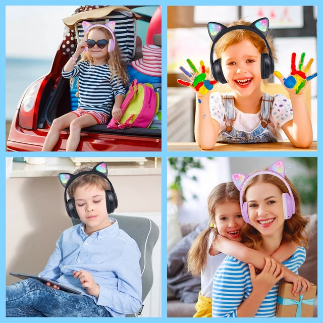Alt view image 4 of 5 - Wireless Kids Headphones for Boys Girls, Cat Ear LED Light Up Bluetooth Headphones with Microphone for School/Travel/Sports/Gaming/Gifts/Christmas (Black)