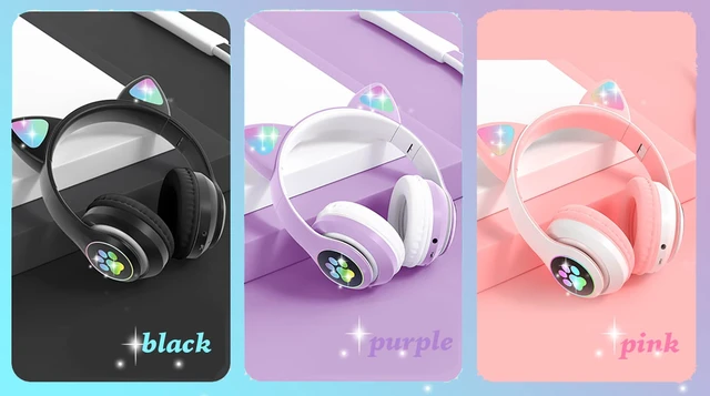 Alt view image 5 of 5 - Wireless Kids Headphones for Boys Girls, Cat Ear LED Light Up Bluetooth Headphones with Microphone for School/Travel/Sports/Gaming/Gifts/Christmas (Black)