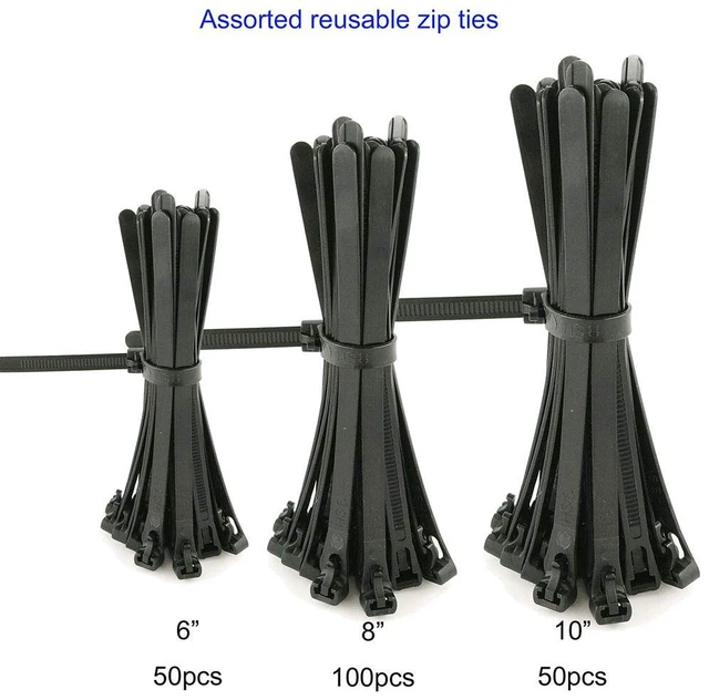 Alt view image 4 of 5 - Reusable Zip Ties Assorted 6 8 10 Inch (200 Pack) Releasable Nylon Cable Zip Ties 50 Lbs Tensile Strength,Thick Reusable Wire Ties Outdoor Indoor Purpose