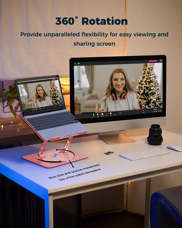 Alt view image 2 of 7 - 360° Rotating Laptop Stand for Desk Adjustable, Foldable, Portable Aluminum Ergonomic Riser Compatible with MacBook, Dell, HP & All Laptops 10-16 inch Rose Gold