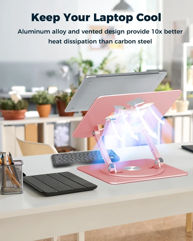 Alt view image 4 of 7 - 360° Rotating Laptop Stand for Desk Adjustable, Foldable, Portable Aluminum Ergonomic Riser Compatible with MacBook, Dell, HP & All Laptops 10-16 inch Rose Gold