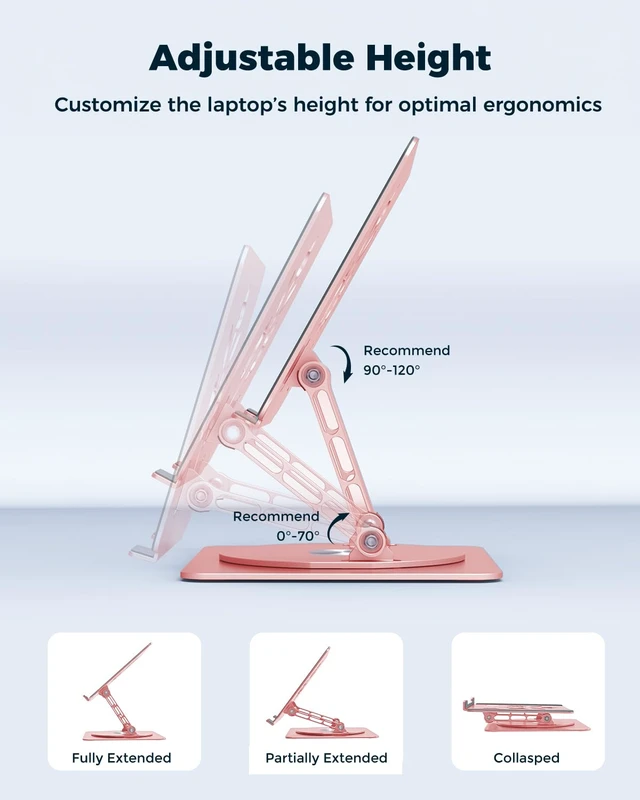 Alt view image 5 of 7 - 360° Rotating Laptop Stand for Desk Adjustable, Foldable, Portable Aluminum Ergonomic Riser Compatible with MacBook, Dell, HP & All Laptops 10-16 inch Rose Gold