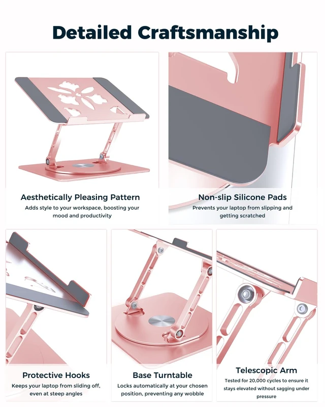 Alt view image 6 of 7 - 360° Rotating Laptop Stand for Desk Adjustable, Foldable, Portable Aluminum Ergonomic Riser Compatible with MacBook, Dell, HP & All Laptops 10-16 inch Rose Gold