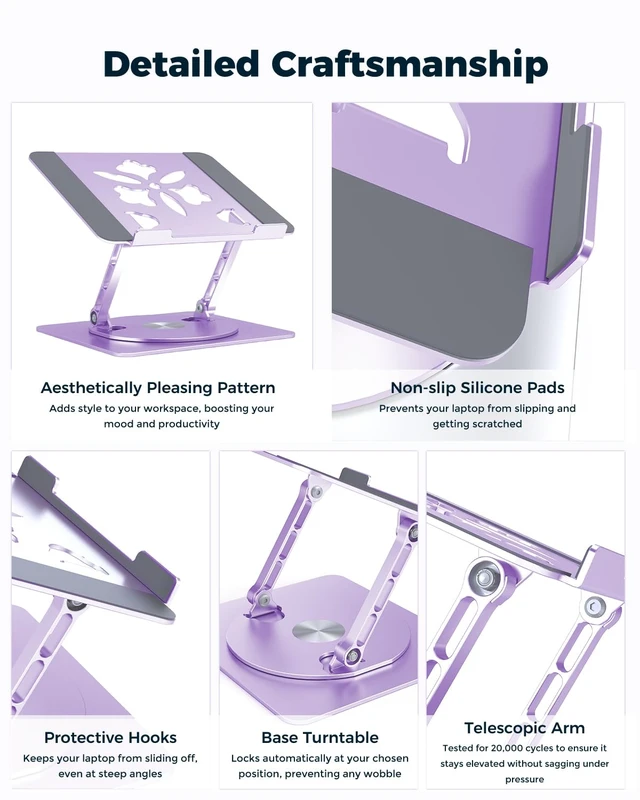 Alt view image 6 of 7 - 360° Rotating Laptop Stand for Desk Adjustable, Foldable, Portable Aluminum Ergonomic Riser Compatible with MacBook, Dell, HP & All Laptops 10-16 inch Purple