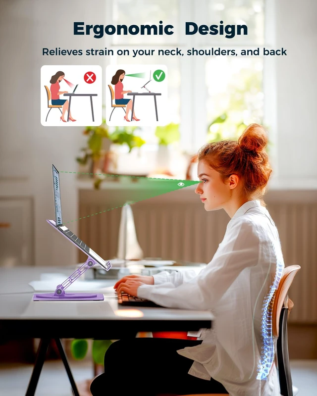 Alt view image 3 of 7 - 360° Rotating Laptop Stand for Desk Adjustable, Foldable, Portable Aluminum Ergonomic Riser Compatible with MacBook, Dell, HP & All Laptops 10-16 inch Purple